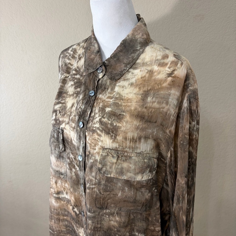 Barbara Lesser Brown Tye Dye Button Down Long Sleeve Blouse Sz XL Boho Whimsical - Picture 2 of 12